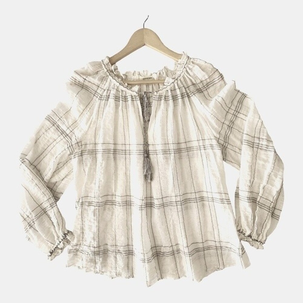 Max Studio White & Black Plaid Long Sleeve Loose Fit Blouse  Size L